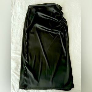 Dynamite black satin long skirt with slit and ruching